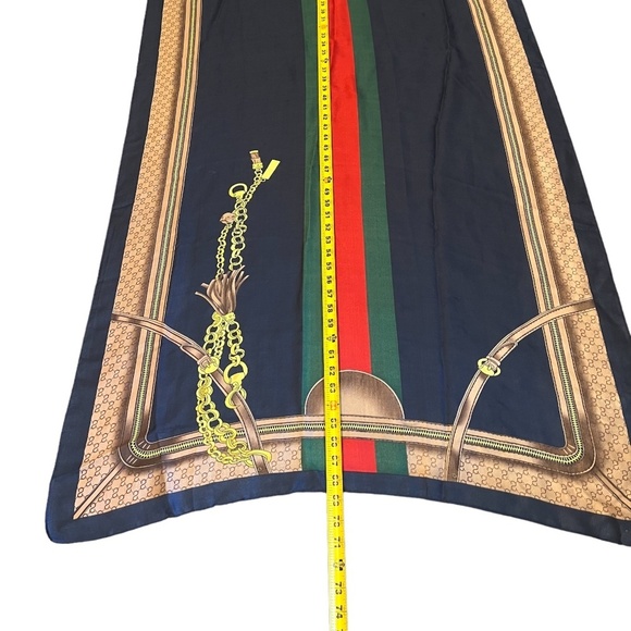 Silk Navy And Multicolor Scarf With Logo‎ Chain Throughout And Finished Edges.